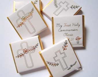 Gold Foiled First Communion Favours - Personalised Cross Chocolate Treats - Custom Religious Guest Gifts - Holy Communion Bag Fillers UK