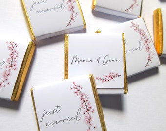 Wedding Personalised Chocolate favours, Just Married, Cherry Blossom, guests favours, pack of 25