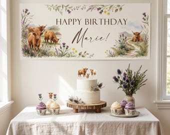 Personalised Highland Cow Banner - Birthday, Baby Shower, Anniversary Wall Decor