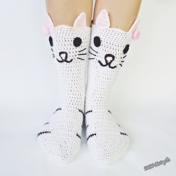 Calcetines de ganchillo Calcetines de gato Zapatillas de gato Calcetines de casa Calcetines de animales Calcetines de mujer Calcetines cara de gatito Pies Felinos Calcetines de senora gato loco Etsy M...