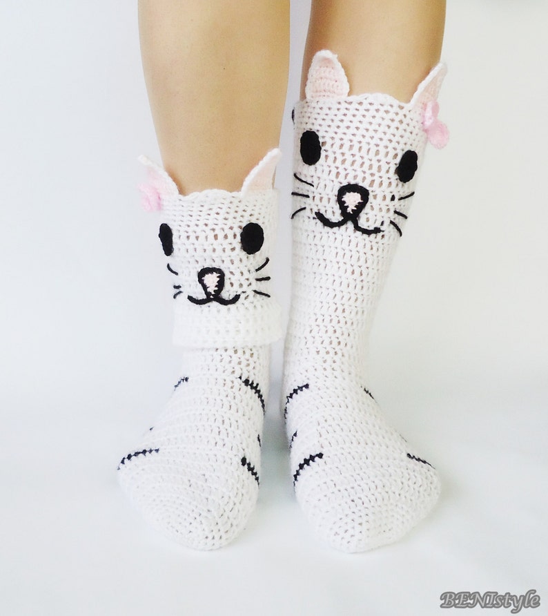 Crochet Socks, Cat Socks, Cat Slippers, House Socks, Animal Socks, Women Socks, Kitten Face Socks, Feline Feet, Crazy Cat Lady Socks, image 4