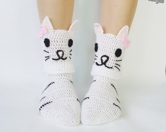 Crochet Socks, Cat Socks, Cat Slippers, House Socks, Animal Socks, Women  Socks, Kitten Face Socks, Feline Feet, Crazy Cat Lady Socks,