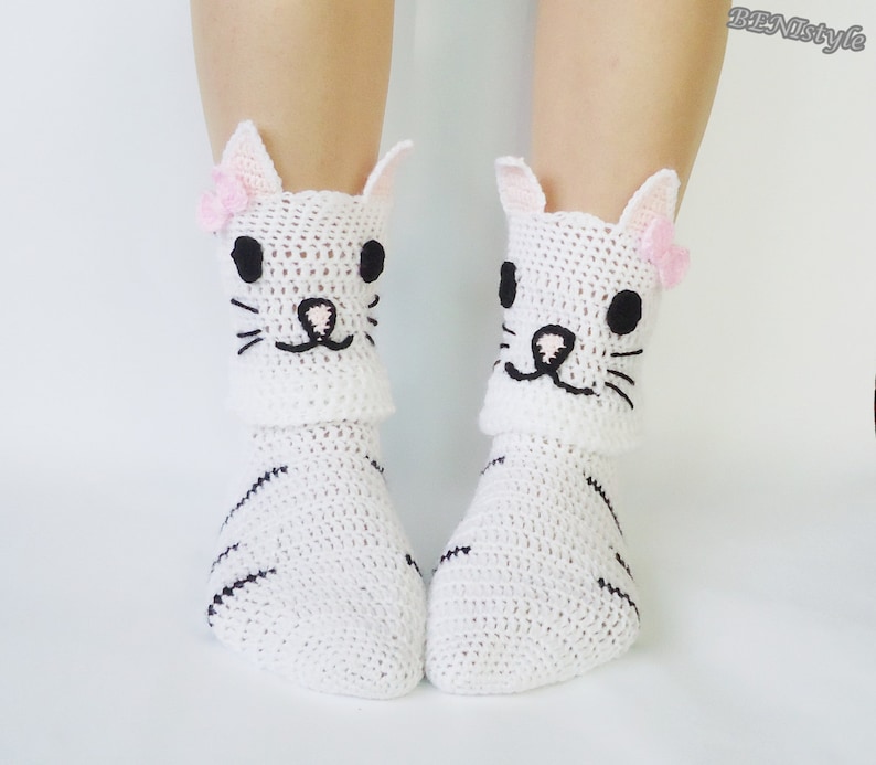 Crochet Socks, Cat Socks, Cat Slippers, House Socks, Animal Socks, Women Socks, Kitten Face Socks, Feline Feet, Crazy Cat Lady Socks, image 1