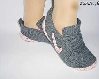 Crochet Women Shoes, Gray Sneakers, Converse Slippers, Adult Sneakers, Women Slippers, Women Sneakers , Crochet Women Shoes, Knit Slippers,