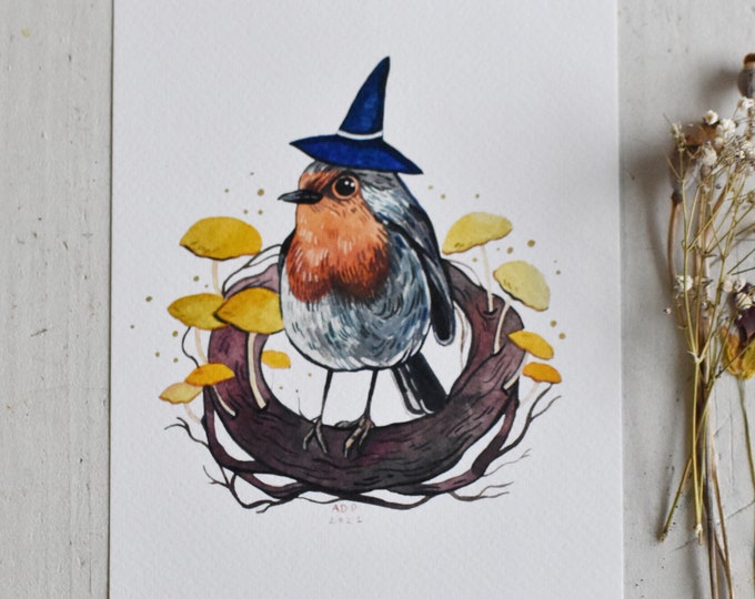 Multicolor Print Digital A5 Print Cute Bird Art Print of Robin Bird And Mushroom Botanical Illustration