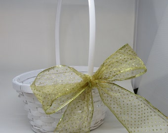 Basket Flower Girl White Woven with Gold Polka Dotted Bow Wedding Decor Country Decor Home Decor Gift Idea Catch All Basket Storage
