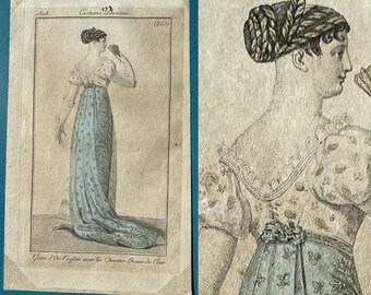 Antique x2 Regency fashion prints c1828 hats bodice hairstyle /'very good condition for age/'