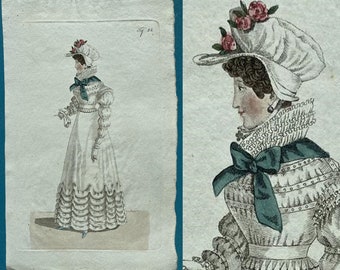 Antique x2 Regency fashion prints c1828 hats bodice hairstyle /'very good condition for age/'