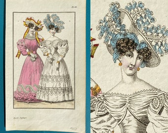 Antique x2 Regency fashion prints c1828 hats bodice hairstyle /'very good condition for age/'