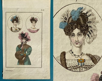 Antique x2 Regency fashion prints c1828 hats bodice hairstyle /'very good condition for age/'