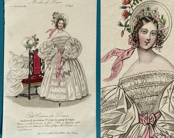 Antique x2 Regency fashion prints c1828 hats bodice hairstyle /'very good condition for age/'