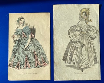 Antique x2 Regency fashion prints c1828 hats bodice hairstyle /'very good condition for age/'