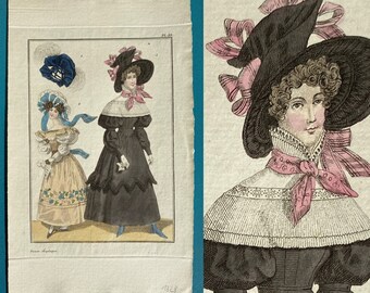 Antique x2 Regency fashion prints c1828 hats bodice hairstyle /'very good condition for age/'