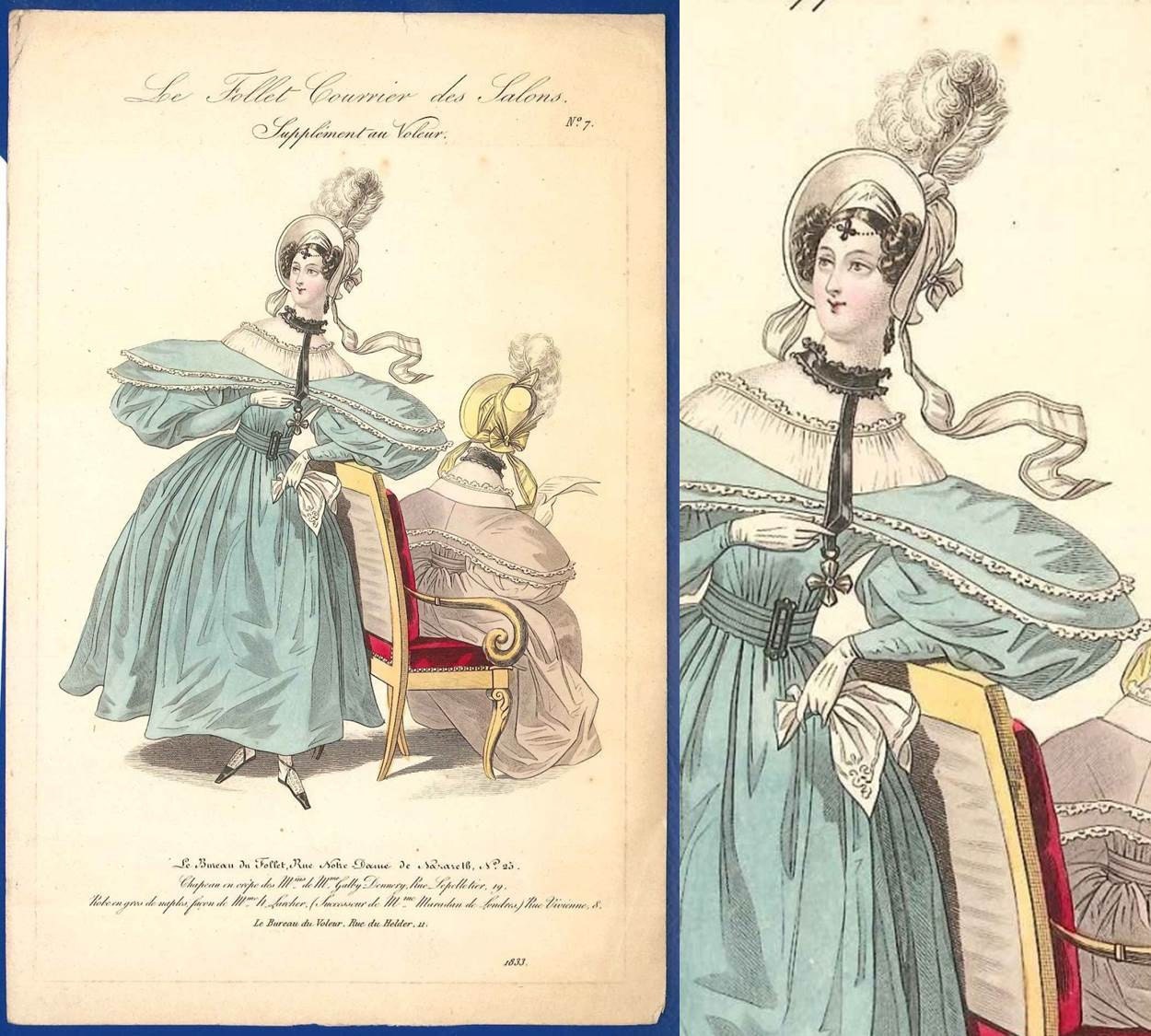 Antique Romantic era 1833 antique fashion print blue gown La | Etsy