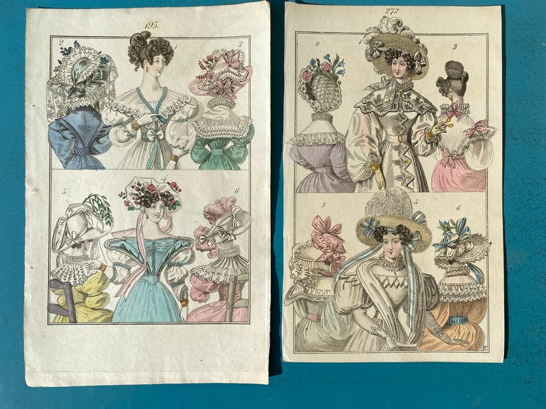 Antique x2 Regency fashion prints c1828 hats bodice hairstyle /'very good condition for age/'