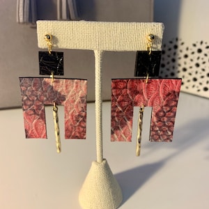 Pink/ Black Snakeskin Square Leather Earrings