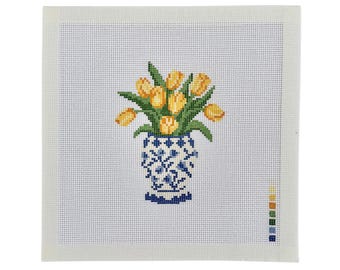 Handpainted Tulip Needlepoint Canvas | Yellow Tulips Chinoiserie Vase Floral Design