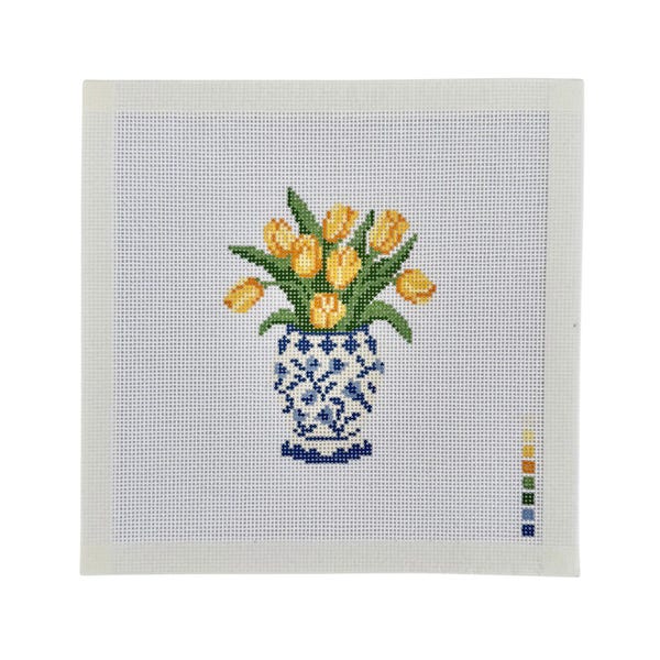 Handpainted Tulip Needlepoint Canvas | Yellow Tulips Chinoiserie Vase Floral Design