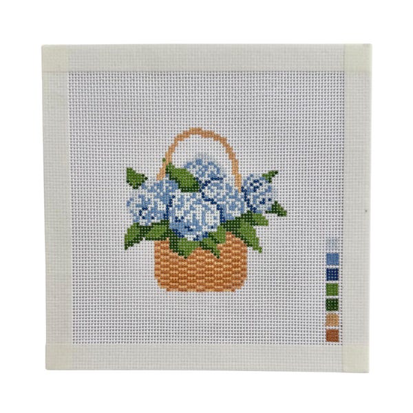 Handpainted Hydrangea Needlepoint Canvas | Blue Floral Basket Needlepoint | Flower Needlepoint Design | Hand Painted | 18 mesh