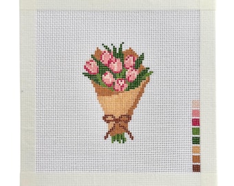 Handpainted Flower Bouquet Needlepoint Canvas | Mini Floral Design | Pink Flowers | Beginner Needlepoint Canvas | 18 Mesh