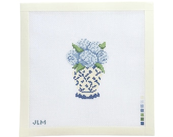 Handpainted Hydrangea Ginger Jar Canvas, Blue Hydrangea Chinoiserie Vase Floral Design