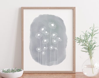 Daisy Botanical Art Print, Watercolor Art Print, Digital Print, Blue Wall Decor, Neutral Wall Decor, Neutral Art Print, Flower Art Print