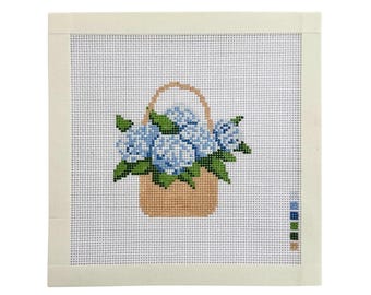 Handpainted Hydrangea Needlepoint Canvas | Blue Floral Basket Needlepoint | Flower Needlepoint Design | Hand Painted | 18 mesh
