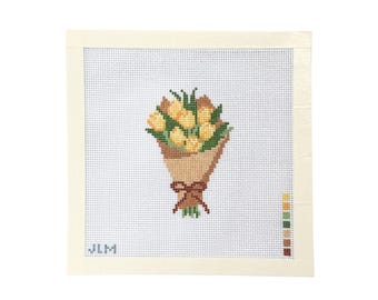 Hand Painted Tulip Bouquet Needlepoint Canvas | Mini Floral Design | Yellow Flowers | Beginner Needlepoint Canvas | 18 Mesh
