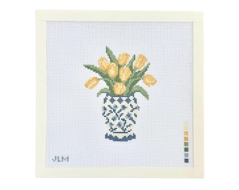 Handpainted Tulip Needlepoint Canvas | Yellow Tulips Chinoiserie Vase Floral Design