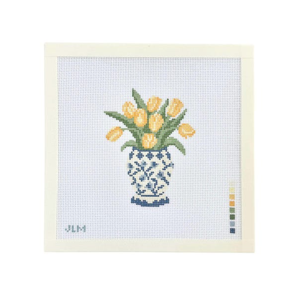Handpainted Tulip Needlepoint Canvas | Yellow Tulips Chinoiserie Vase Floral Design