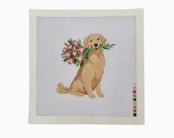 Handpainted Golden Retriever Needlepoint Canvas | Dog with Flowers Design