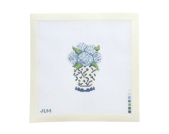 Blue Hydrangea Ginger Jar Needlepoint Canvas, Chinoiserie Floral Vase, Hand Painted Stitching