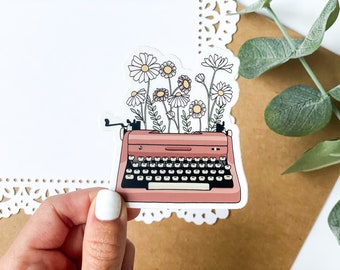 Retro Typewriter Sticker: Floral Die-Cut, Waterproof