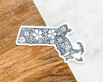 Massachusetts Flower Map Sticker: Waterproof Vinyl Decal