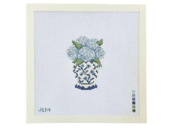 Handpainted Needlepoint Canvas Hydrangea Ginger Jar, Blue Hydrangea Chinoiserie Vase Floral Design