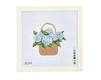 Handpainted Hydrangea Needlepoint Canvas | Blue Floral Basket | 18 mesh