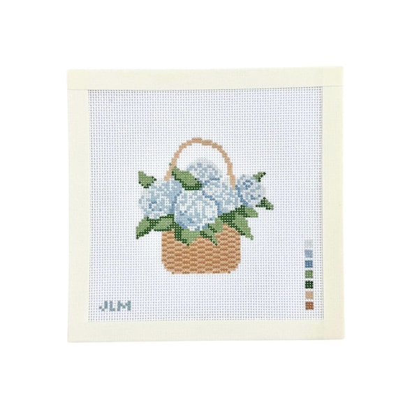 Handpainted Hydrangea Needlepoint Canvas | Blue Floral Basket | 18 mesh
