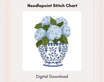 PDF-patroon hortensia-naaldpunt | 18 mesh-stekentabel | Blauw borduurmotief met bloemen
