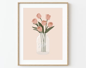 Digitale print tulp Mason Jar, downloadbare print, tulpen, lente, bloemenprint, Mason Jar, bloemenprint, bloemenprint tulp, bloemen Mason Jar, roze kunstwerken