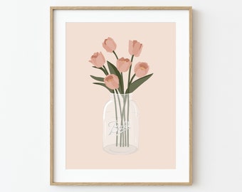 Tulip Mason Jar Digital Print, Downloadable Print, Tulips, Spring, Flower Print, Mason Jar, Tulip Print, Mason Jar Flowers, Pink Artwork