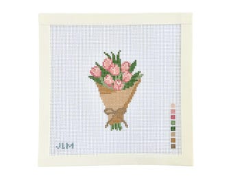 Handpainted Flower Bouquet Needlepoint Canvas | Mini Floral Design | Pink Flowers | Beginner Needlepoint Canvas | 18 Mesh