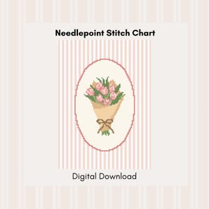 以下が含まれることがあります： ピンクのチューリップのブーケがベージュの紙で包まれ、茶色のリボンで結ばれたピクセル化されたイラストが特徴のデジタルニードルポイントステッチチャート。背景には「Needlepoint Stitch Chart」と「Digital Download」という言葉が入ったストライプ模様があります。