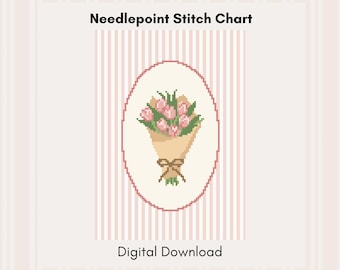Roze tulp borduurpatroon pdf | 18 mesh-stekentabel | Naaldpunt bloemenboeket