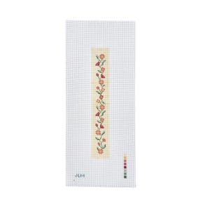 May include: A rectangular white needlepoint canvas featuring a vertical cream-colored strip printed with a repeating floral vine pattern in shades of pink, red, and green. The letters JLM are printed in the bottom left corner with a color key.