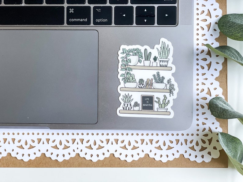 May include: A sticker of a shelf with potted plants and the text "Life is beautiful".