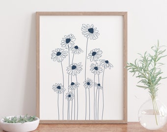 Daisy Botanical Art Print, Watercolor Art Print, Digital Print, Blue Wall Decor, Neutral Wall Decor, Neutral Art Print, Flower Art Print