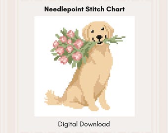 Golden retriever-naaldpuntpatroon pdf | Borduursteekpatroon hond bloemen | 18 mesh canvas