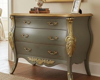 Vintage Bombe Chest | Sage Green Gold Gilded | Chinoiserie Side Panel | Hollywood Regency Dresser