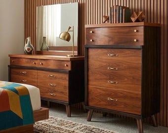Restored MCM Bedroom Set - Black Glazed Walnut Tallboy, Dresser, Mirror and Full Bed
