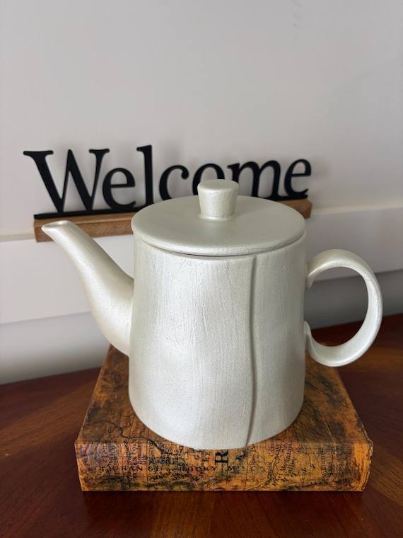 Iridescent Pearl White Teapot: Upcycled Ceramic Vase, Planter, Coffee Pot